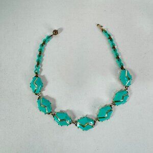 Vintage Plastic Turquoise & Gold Choker 50's Necklace